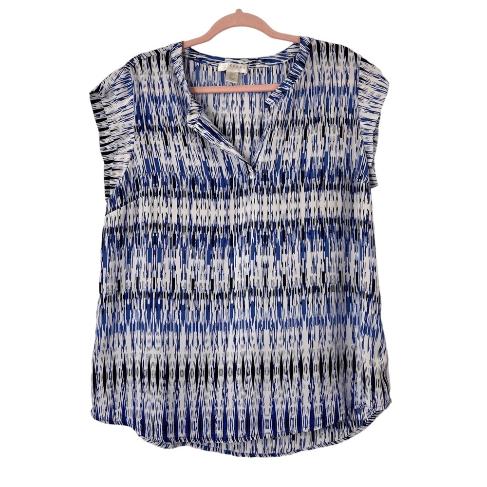 Kenar Vibrant Blue White Black Size Large V-Neck Cap Sleeve Blouse